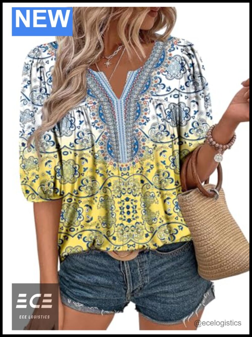 Magritta Womens Puff Half Sleeve Tunic Top Pleated V-Neck Summer Blouse